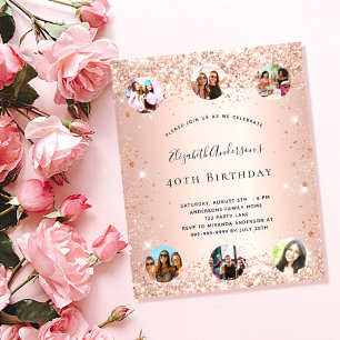 Budget birthday glitter rose gold photo invitation
