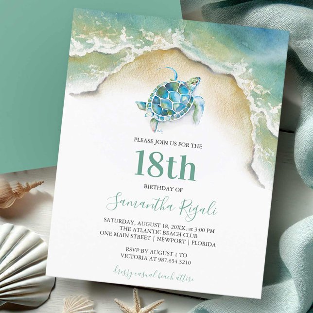Budget Birthday Invitation Sea Turtle Flyer (Sea turtle beach birthday invitations 18th birthday party watercolor art by Victoria Grigaliunas)