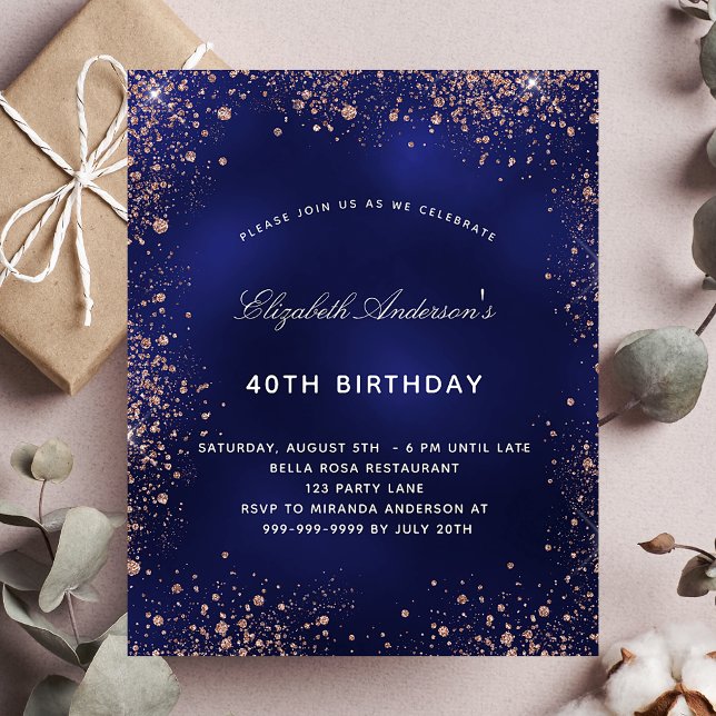 Budget birthday navy blue rose gold invitation (Creator Uploaded)