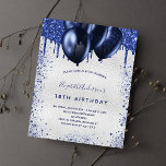 Budget birthday navy blue silver invitation<br><div class="desc">A girly and feminine 18th (or any age) birthday party invitation. On front: A faux silver background. Decorated with navy blue faux glitter drips,  paint dripping look and balloons. Personalise and add a name and party details. The name is written with a hand lettered style script.</div>