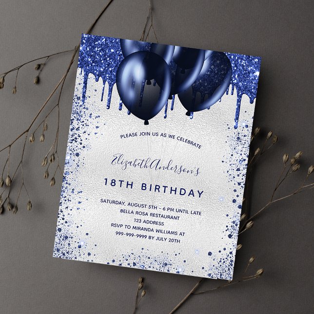 Budget birthday navy blue silver invitation (Creator Uploaded)
