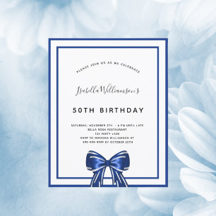 Budget birthday navy blue white bow invitation