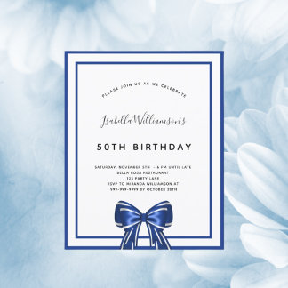 Budget birthday navy blue white bow invitation