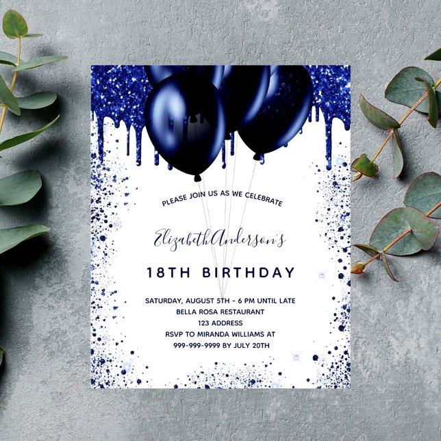 Budget birthday navy blue white invitation (Creator Uploaded)