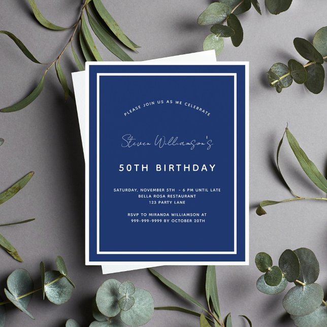 Budget birthday navy blue white invitation men (Creator Uploaded)