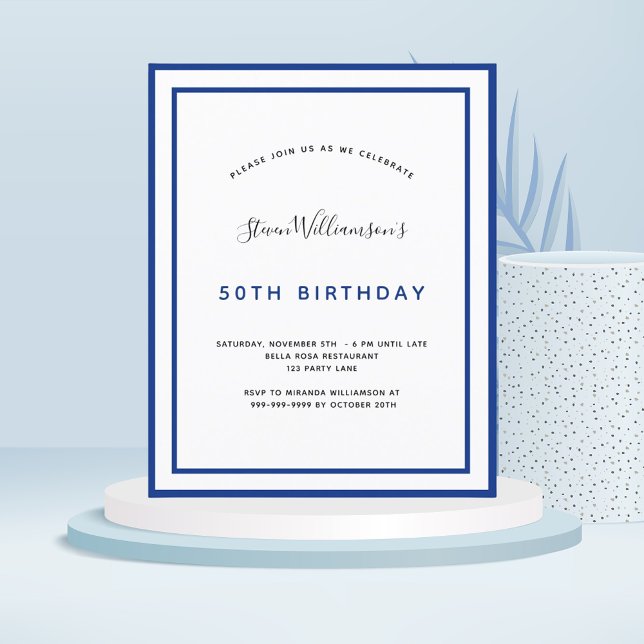 Budget birthday navy blue white invitation men (Creator Uploaded)