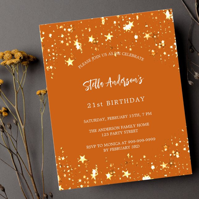 Budget birthday orange gold stars invitation (Creator Uploaded)