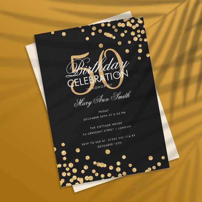 Budget Birthday Party Gold Glitter Confetti Black Invitation (Creator Uploaded)
