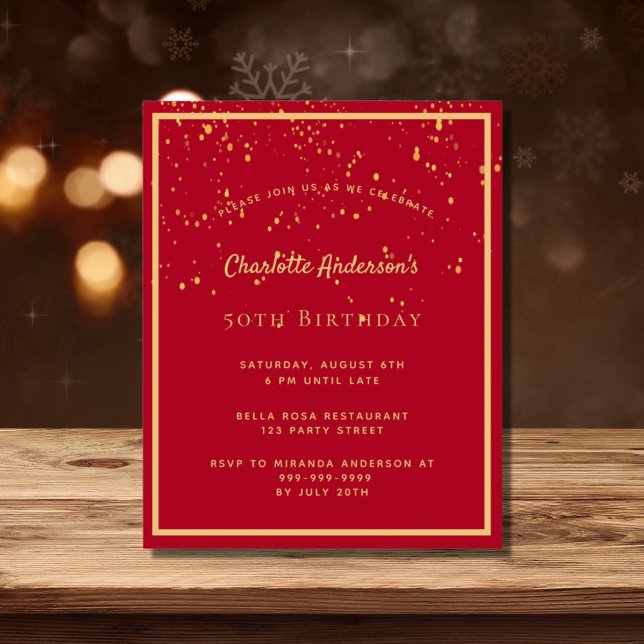 Budget birthday party red gold confetti invitation (Creator Uploaded)