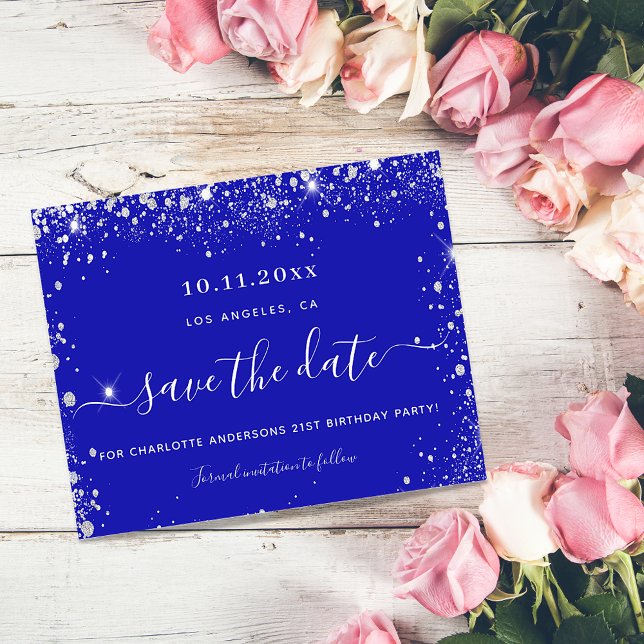 Budget birthday party royal blue silver save date (Creator Uploaded)