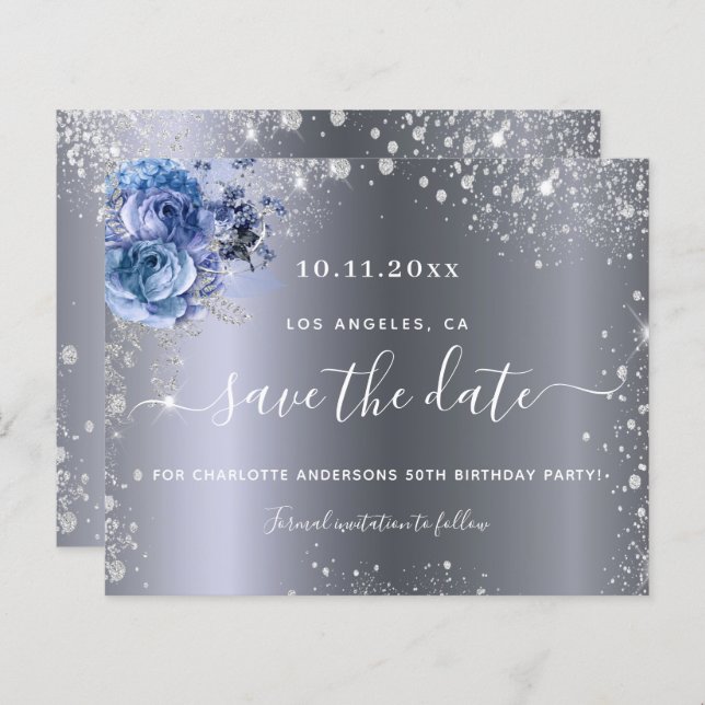 Budget birthday party silver blue save the date (Front/Back)