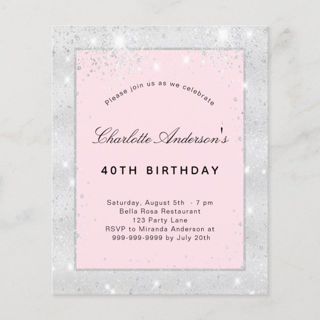 Budget Birthday party silver blush pink glitter (Front)