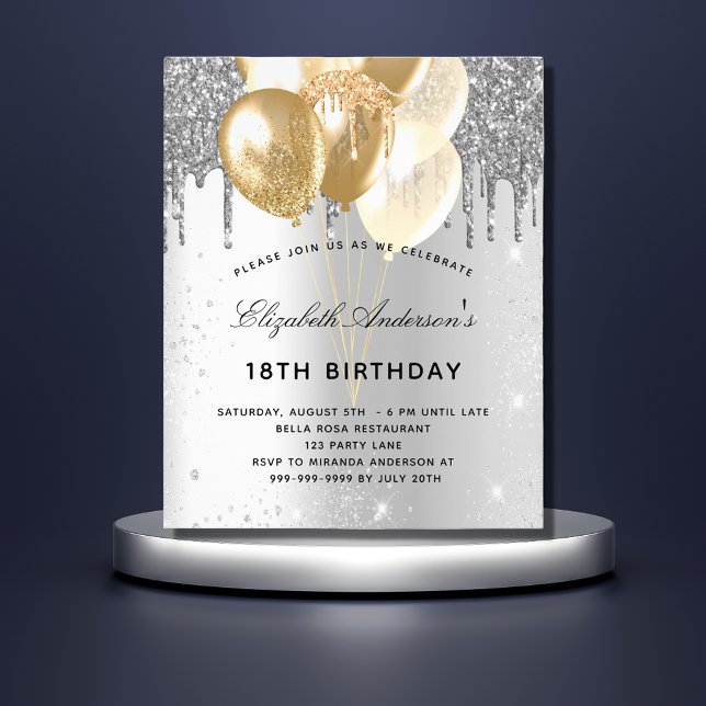 Budget birthday party silver gold balloons glitter flyer (Creator Uploaded)