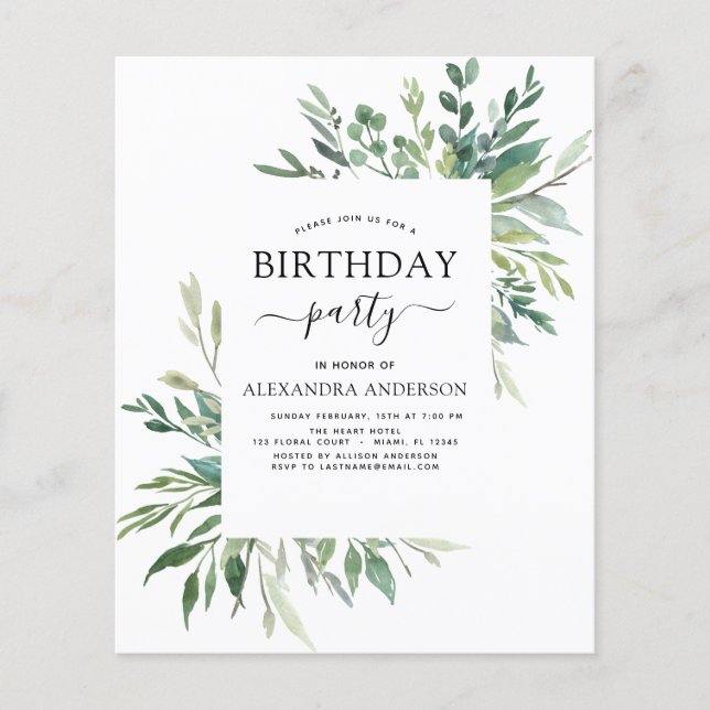 Budget Birthday Party Spring Botanical Greenery (Front)