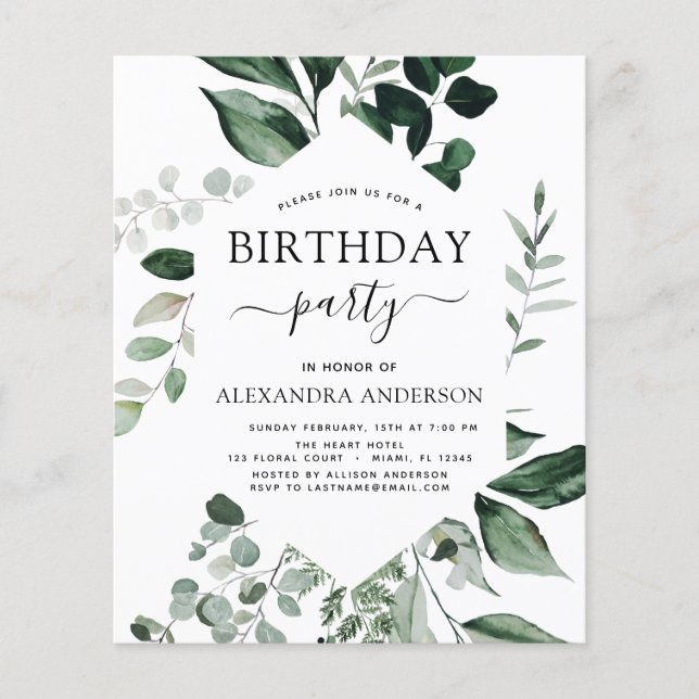 Budget Birthday Party Spring Botanical Greenery Flyer (Front)