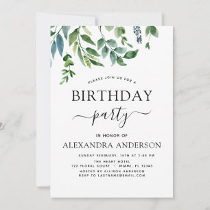 Budget Birthday Party Spring Botanical Greenery Invitation