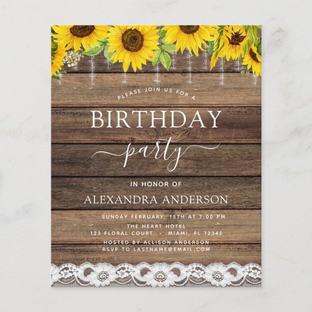 Budget Birthday Party Sunflower Rustic Invitation Flyer (Front)