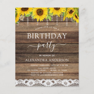 Budget Birthday Party Sunflower Rustic Invitation Flyer
