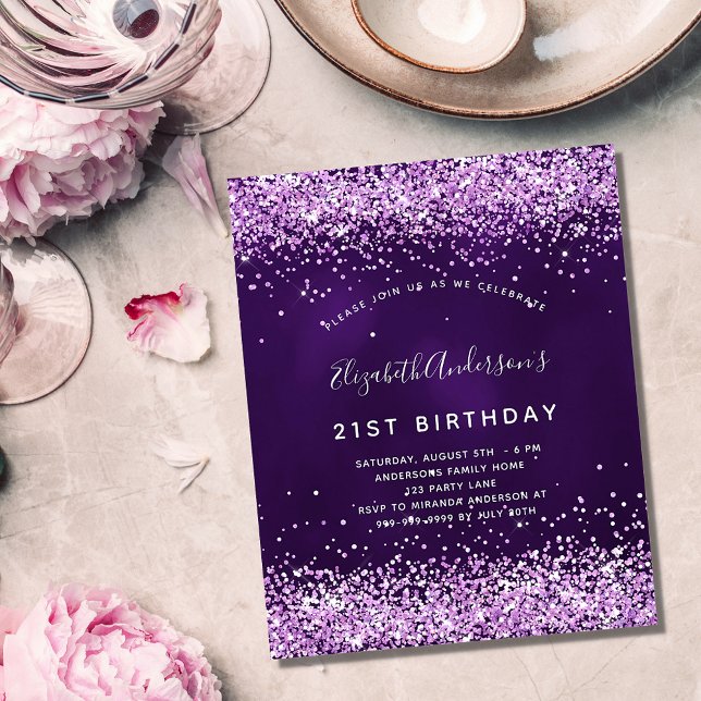Budget birthday purple pink glitter invitation (Creator Uploaded)