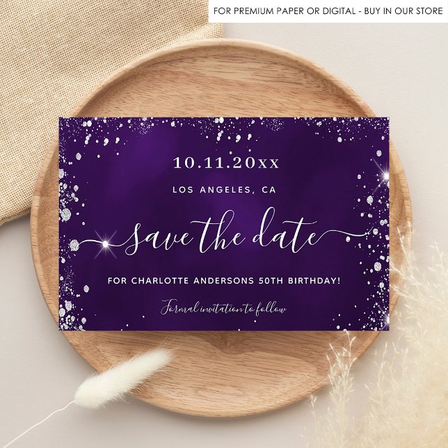 Budget birthday purple silver glitter save date (Creator Uploaded)