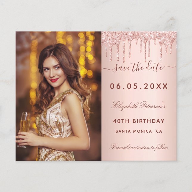 Budget birthday rose glitter photo Save the Date (Front)