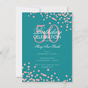 Budget Birthday Rose Gold Glitter Confetti Teal Invitation