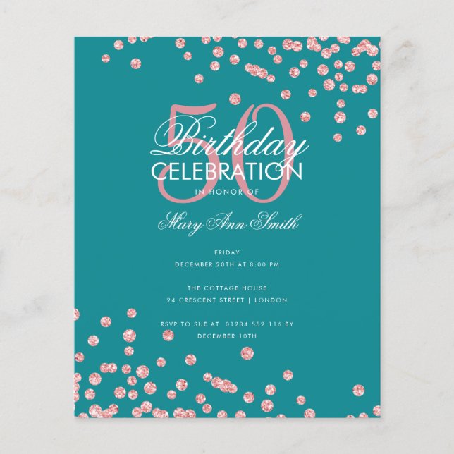 Budget Birthday Rose Gold Glitter Teal  Flyer (Front)