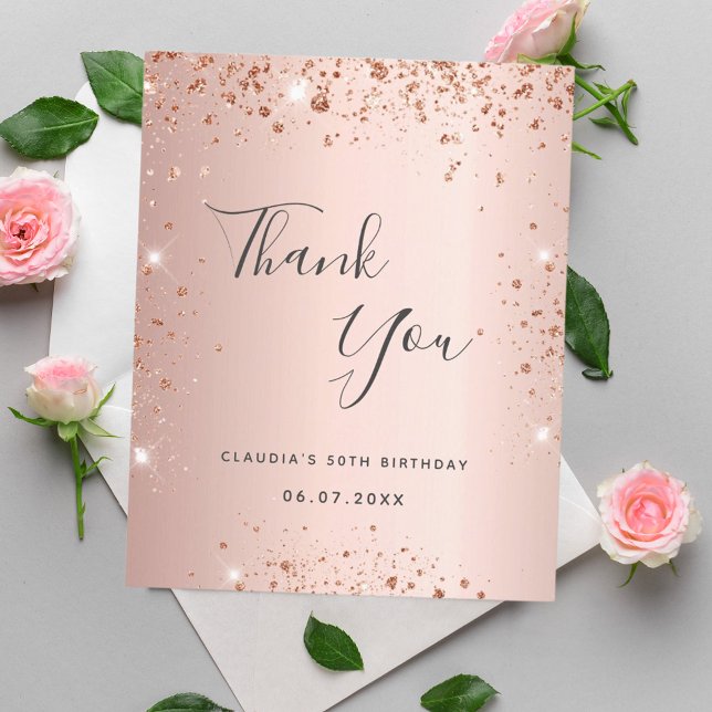 Budget birthday rose gold glitter thank you card (Creator Uploaded)