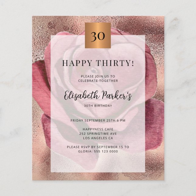 Budget birthday rose gold invitation (Front)