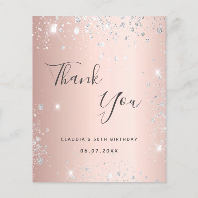 Budget birthday rose gold silver glitter thank you (Front)