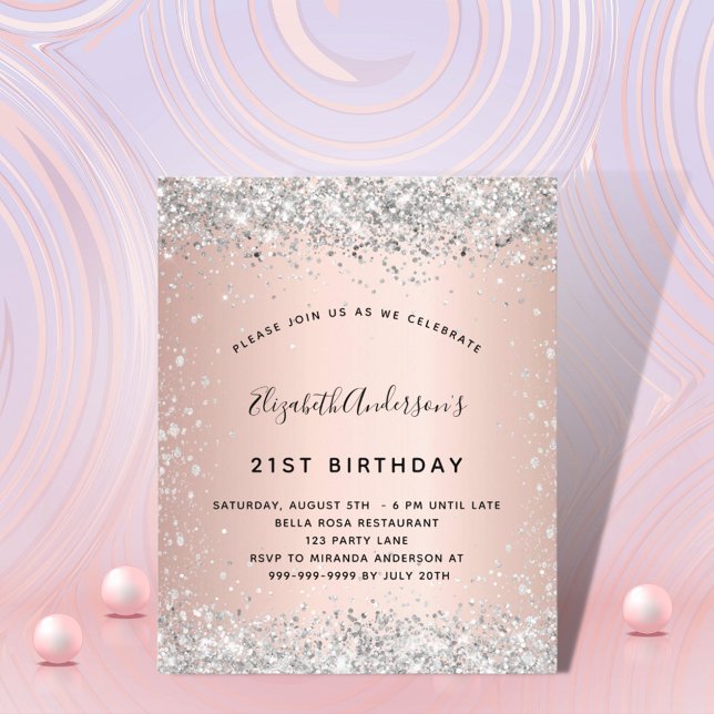 Budget birthday rose gold silver invitation (Creator Uploaded)