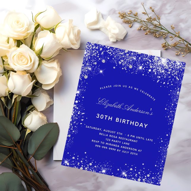 Budget birthday royal blue silver invitation (Creator Uploaded)