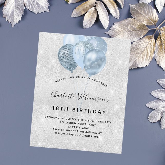 Budget birthday silver blue glitter invitation (Creator Uploaded)