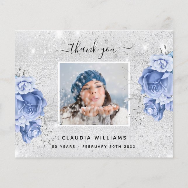 Budget birthday silver blue photo thank you (Back)