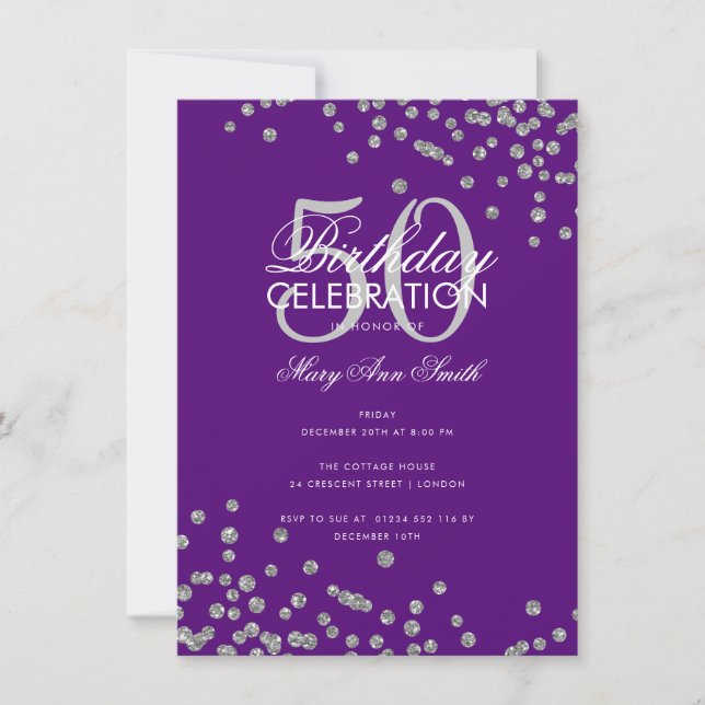 Budget Birthday Silver Glitter Confetti Purple  Invitation (Front)