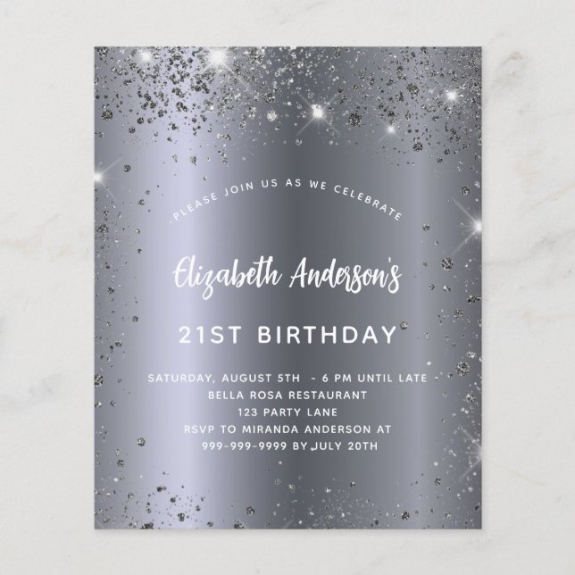 Budget birthday silver glitter glam invitation (Front)