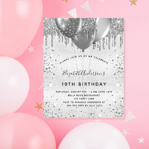 Budget birthday silver glitter metal invitation
