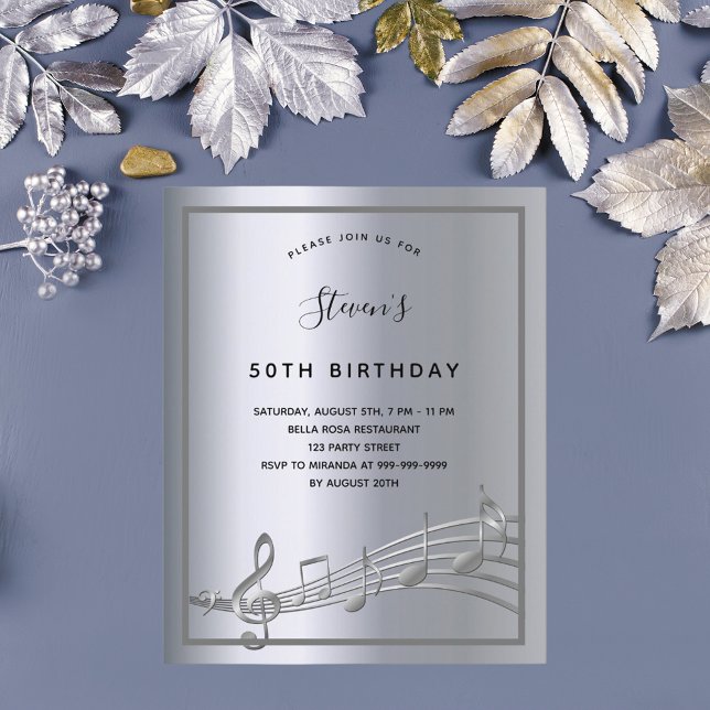 Budget birthday silver music notes invitation (Creator Uploaded)