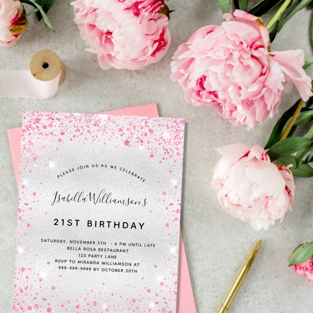 Budget birthday silver pink glitter invitation (Creator Uploaded)