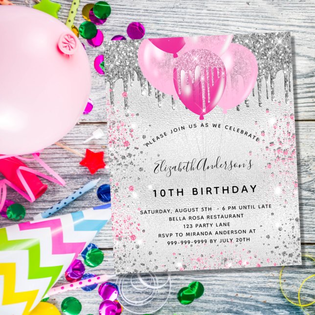 Budget birthday  silver pink glitter invitation (Creator Uploaded)