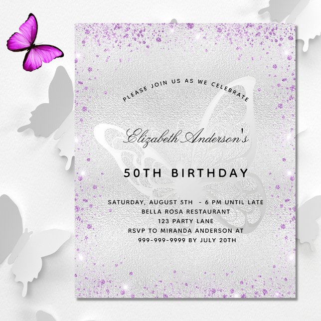 Budget birthday silver purple butterfly invitation (Creator Uploaded)