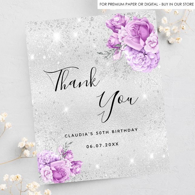 Budget birthday silver purple florals thank you (Creator Uploaded)
