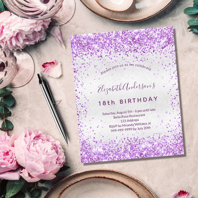 Budget birthday silver purple glitter invitation (Creator Uploaded)