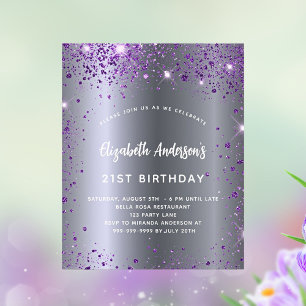 Budget birthday silver purple glitter invitation