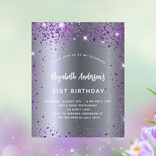 Budget birthday silver purple glitter invitation (Creator Uploaded)