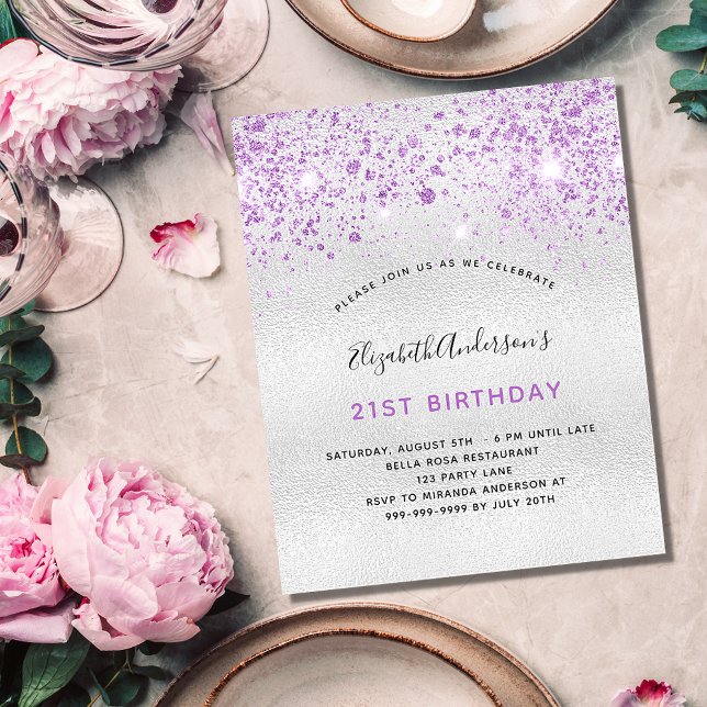 Budget birthday silver purple glitter invitation (Creator Uploaded)