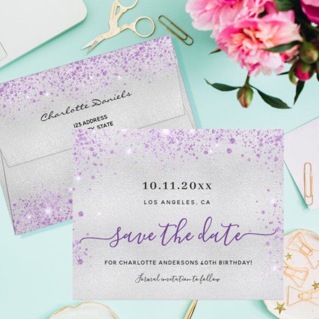 Budget birthday silver purple save the date  (Creator Uploaded)
