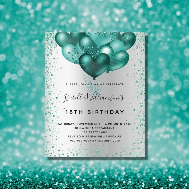 Budget birthday silver teal glitter invitation (Creator Uploaded)