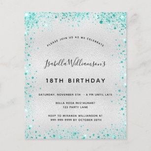 Budget birthday silver teal glitter invitation