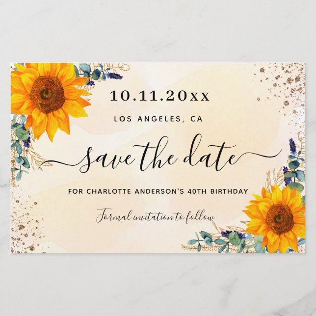 Budget birthday sunflower eucalyptus save the date (Front)